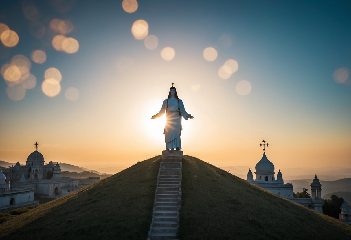 A serene landscape with a radiant figure standing on a hill, surrounded by ancient architecture and symbols of various religious traditions