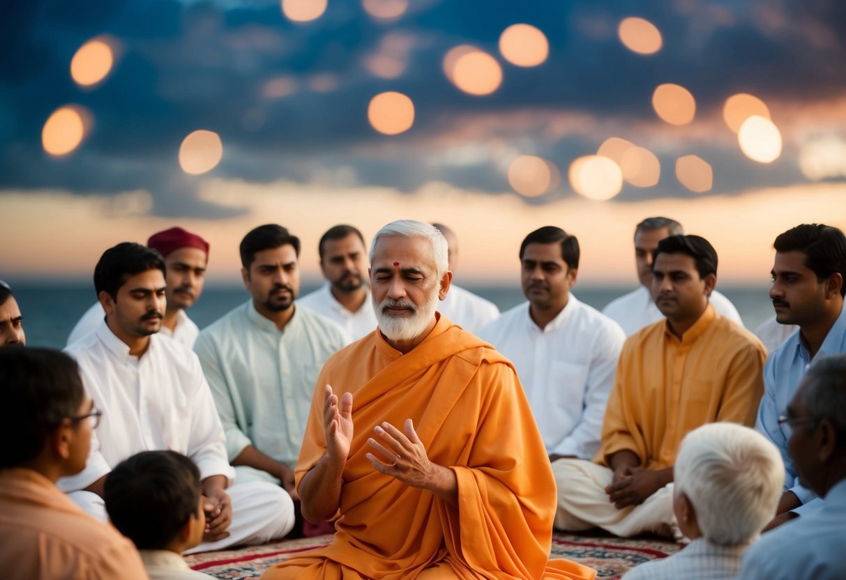 A serene figure surrounded by followers, speaking with authority and compassion