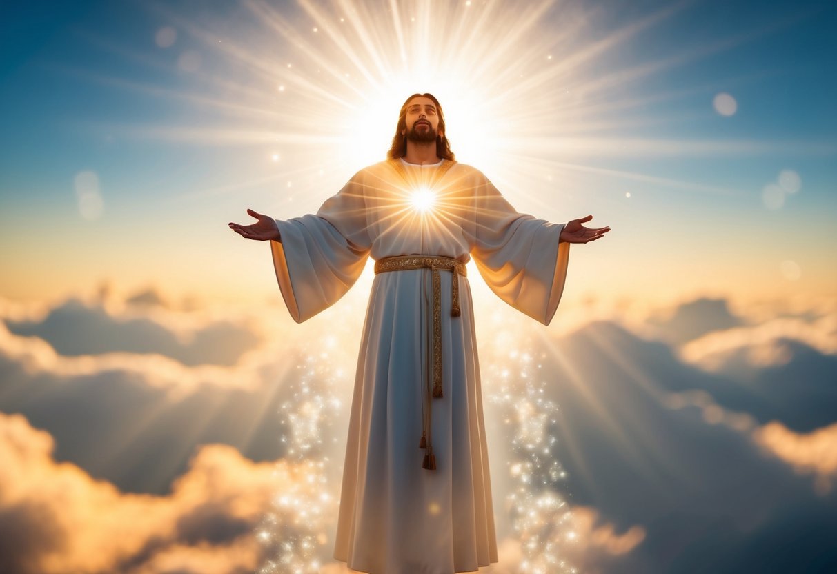 A radiant figure descends from the heavens, surrounded by a soft glow and a sense of peace and divinity