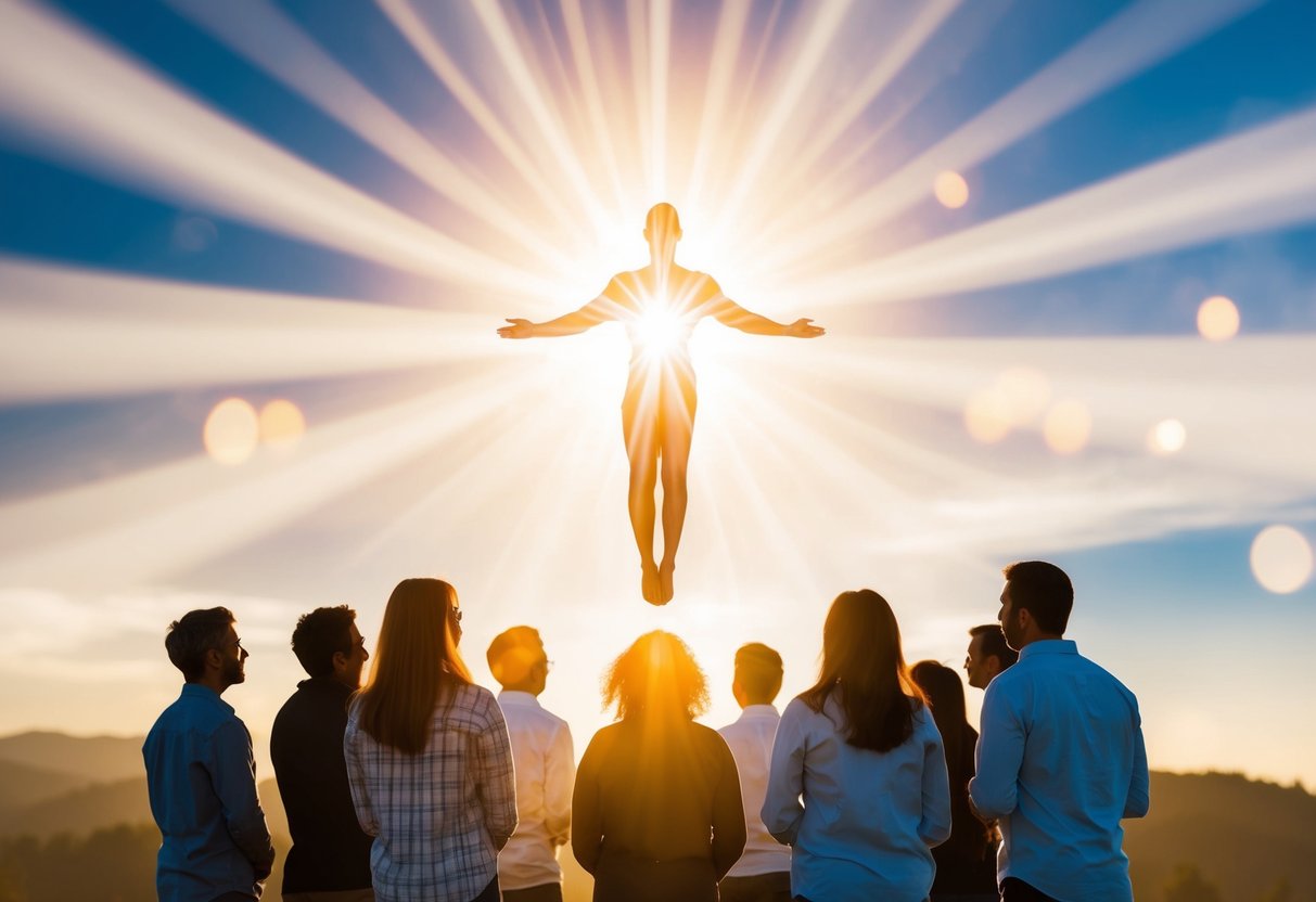 A radiant figure hovers above a group of people, emanating a sense of peace and protection. Rays of light surround the being, creating a heavenly aura