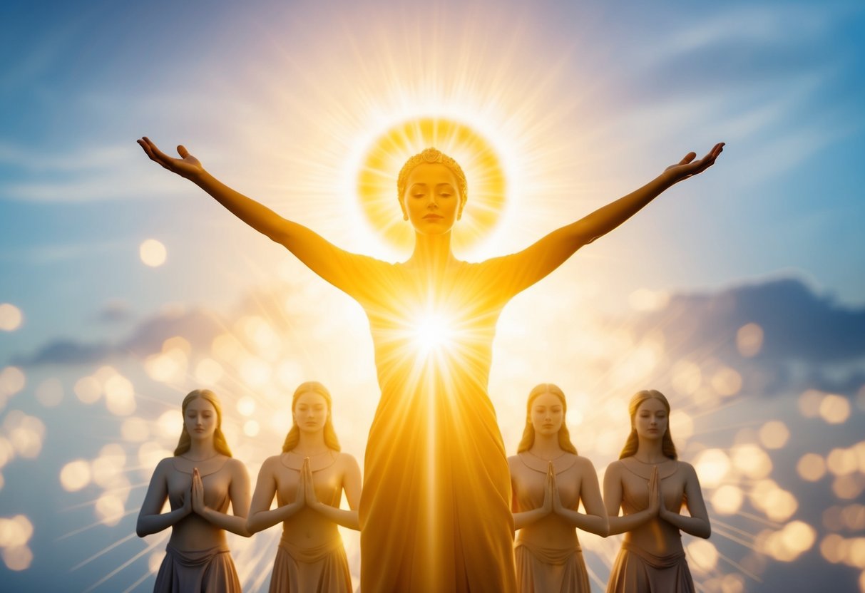 A radiant figure stands with outstretched arms, surrounded by a glowing aura and a group of celestial beings