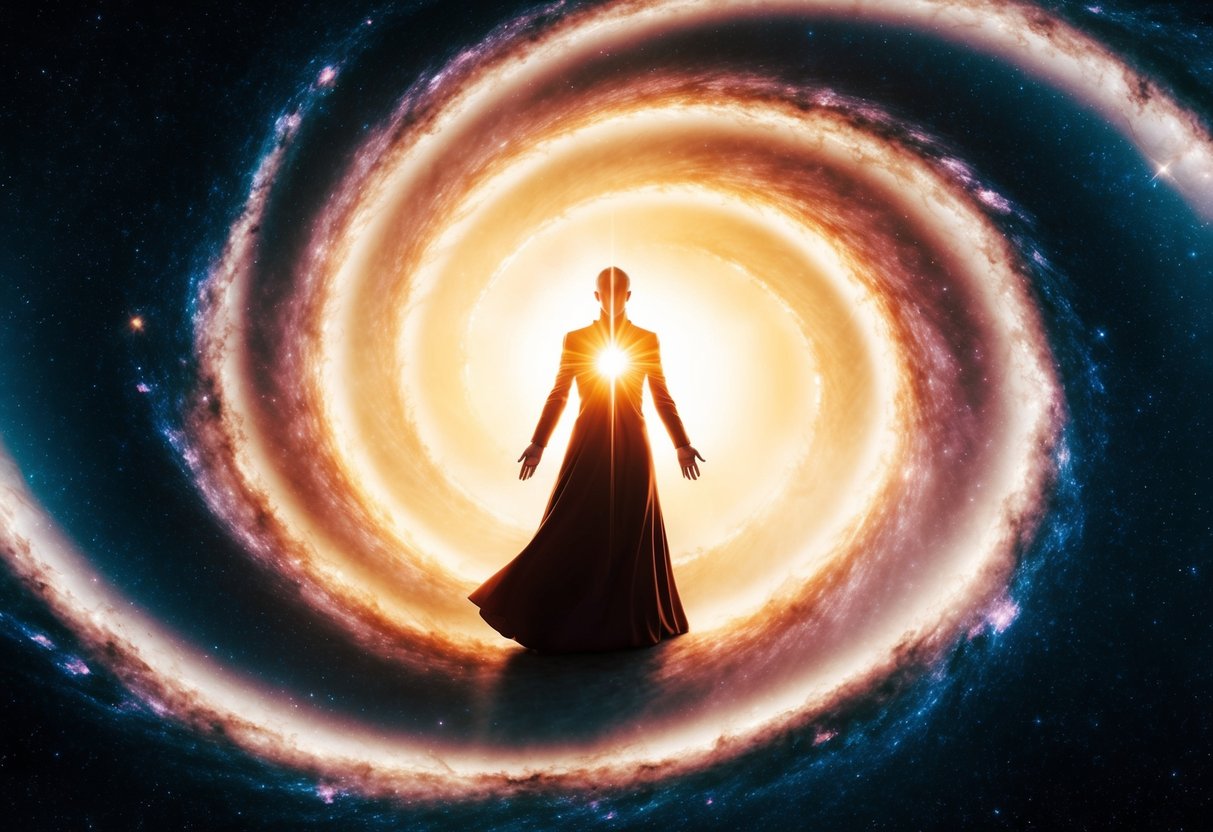 A radiant figure stands at the center of a swirling galaxy, emanating light and warmth to all corners of the universe