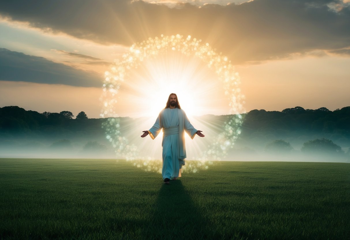A serene landscape with a glowing, ethereal presence encompassing the entire scene, symbolizing the omnipresence of Jesus