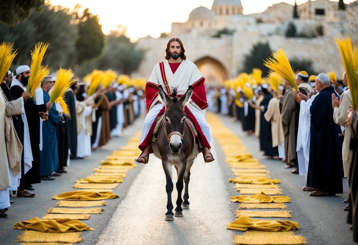 Jesus rode a donkey into Jerusalem, crowds waving palm branches, laying cloaks on the road