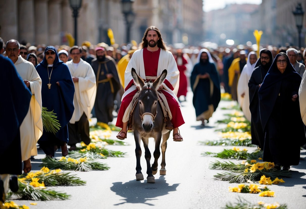 Jesus rides a donkey through a crowd, with people laying down palm branches and cloaks in his path
