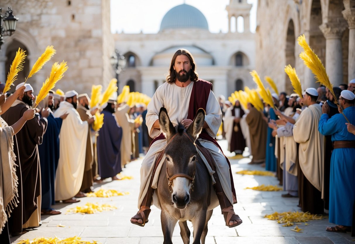 Jesus rides a donkey into Jerusalem, surrounded by crowds waving palm branches and laying down their cloaks. He teaches and heals in the temple