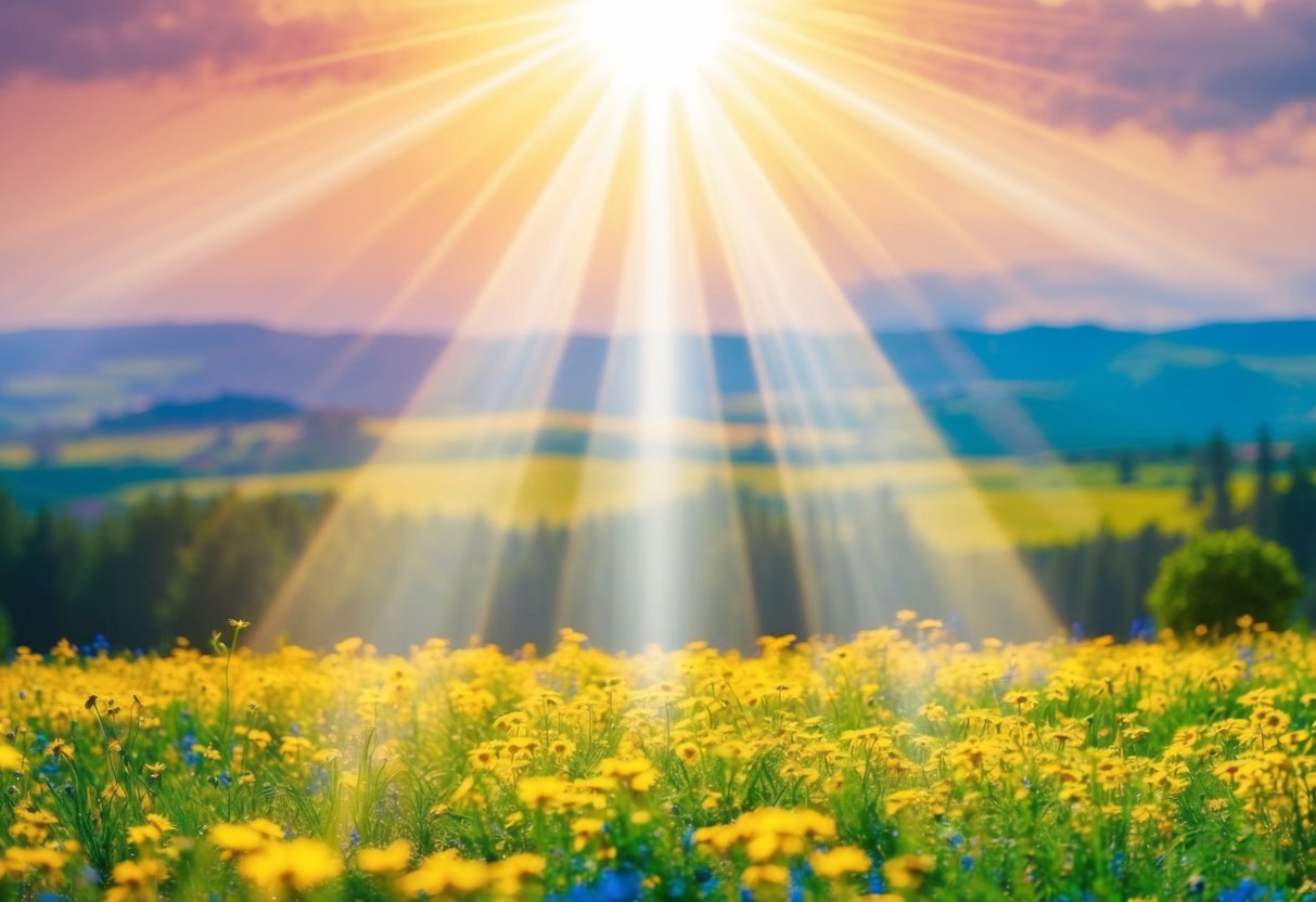 A radiant beam of light shining down on a peaceful landscape, with vibrant colors and a sense of hope and joy emanating from the scene
