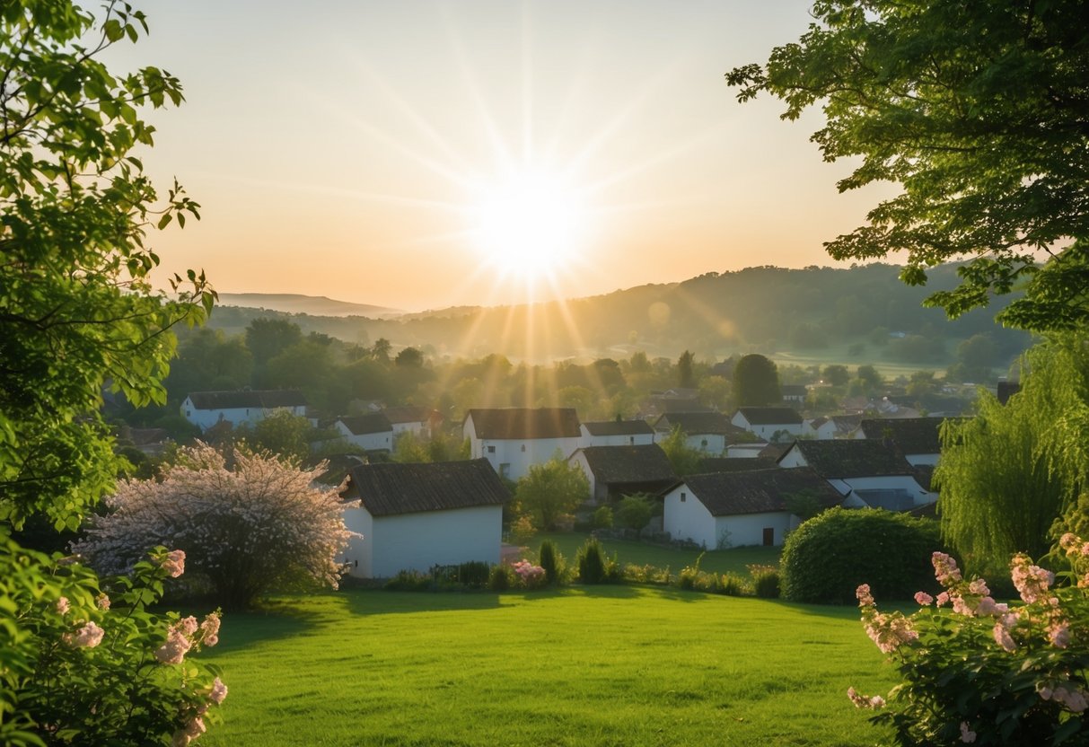 A serene landscape with a radiant sun shining down on a peaceful village, surrounded by lush greenery and blooming flowers
