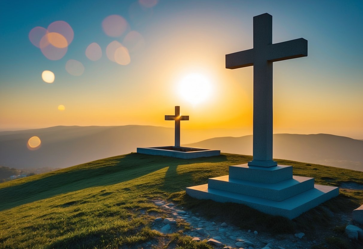 A bright sunrise over a hill with a cross and empty tomb