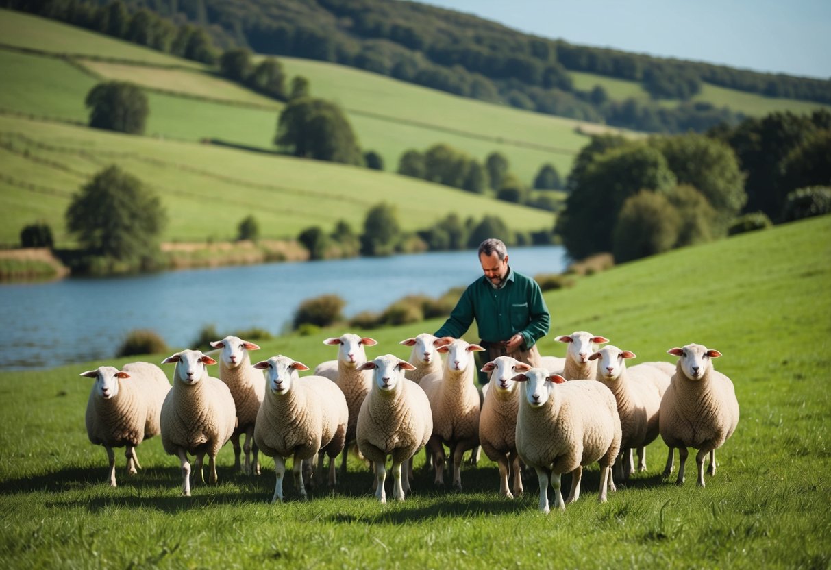 A serene landscape with lush green hills, a calm river, and a flock of sheep being lovingly watched over by a caring shepherd