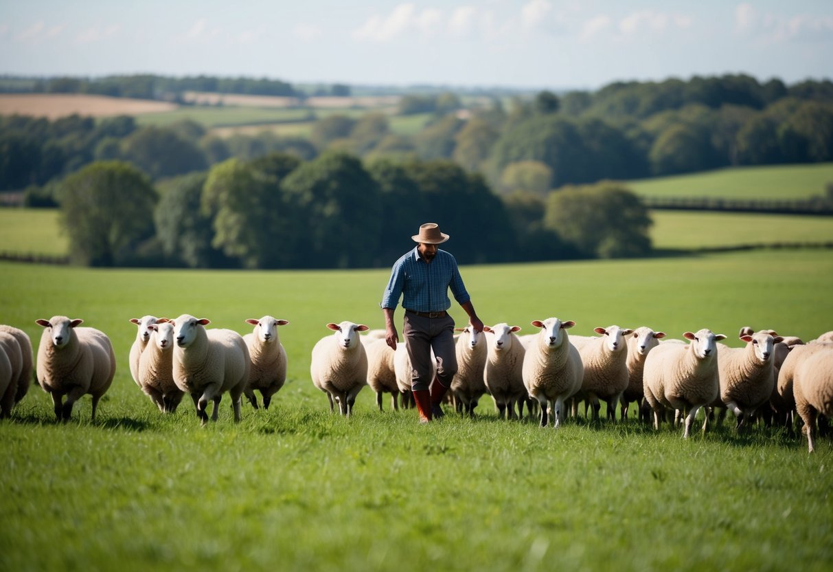 A serene landscape with a shepherd tending to a flock of sheep in a lush, green pasture