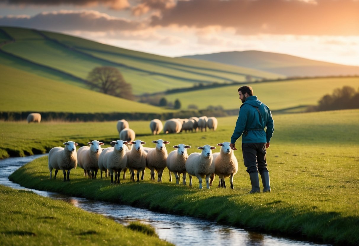 A serene landscape with rolling hills, a peaceful stream, and a flock of sheep being watched over by a protective and caring shepherd