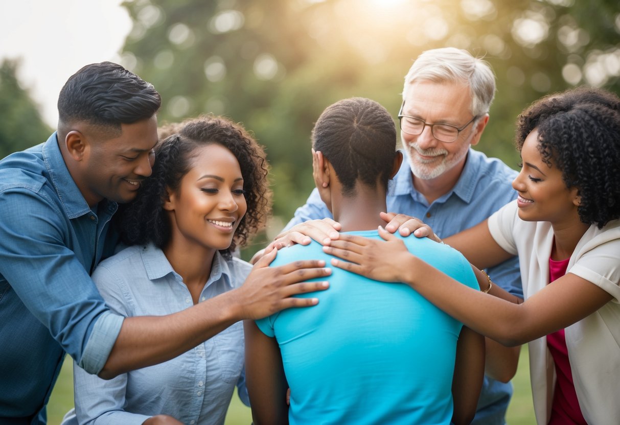 A group of people helping and caring for each other, showing compassion and love