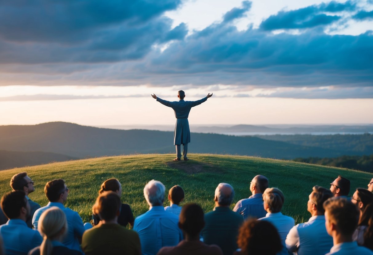 A serene landscape with a figure standing on a hill, arms outstretched, surrounded by a group of people listening intently