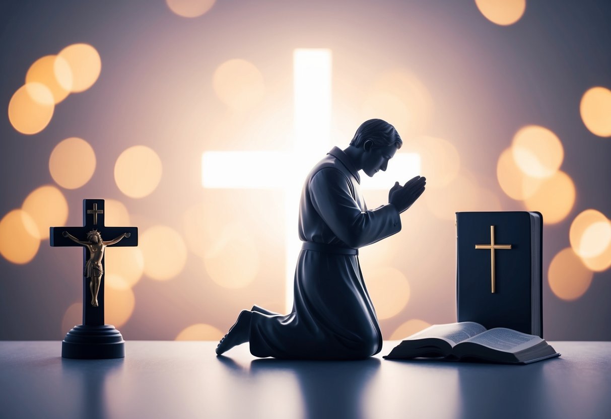 A figure kneeling in prayer, surrounded by symbols of faith - a cross, a Bible, and a glowing light representing spiritual guidance
