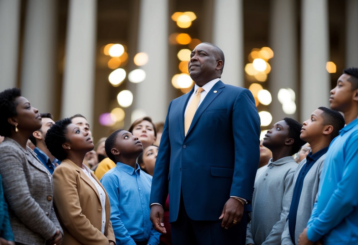 A figure standing in a position of authority, surrounded by people looking up to him with reverence and awe