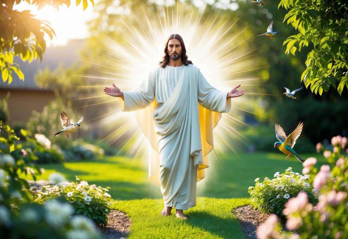 Jesus Christ surrounded by a radiant aura, standing in a peaceful and lush garden with birds singing and flowers blooming