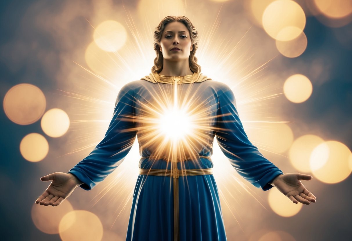 A powerful figure with a benevolent presence, surrounded by light and radiating love