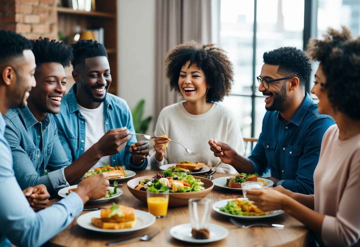 A group of diverse people sitting around a table, laughing and sharing a meal together