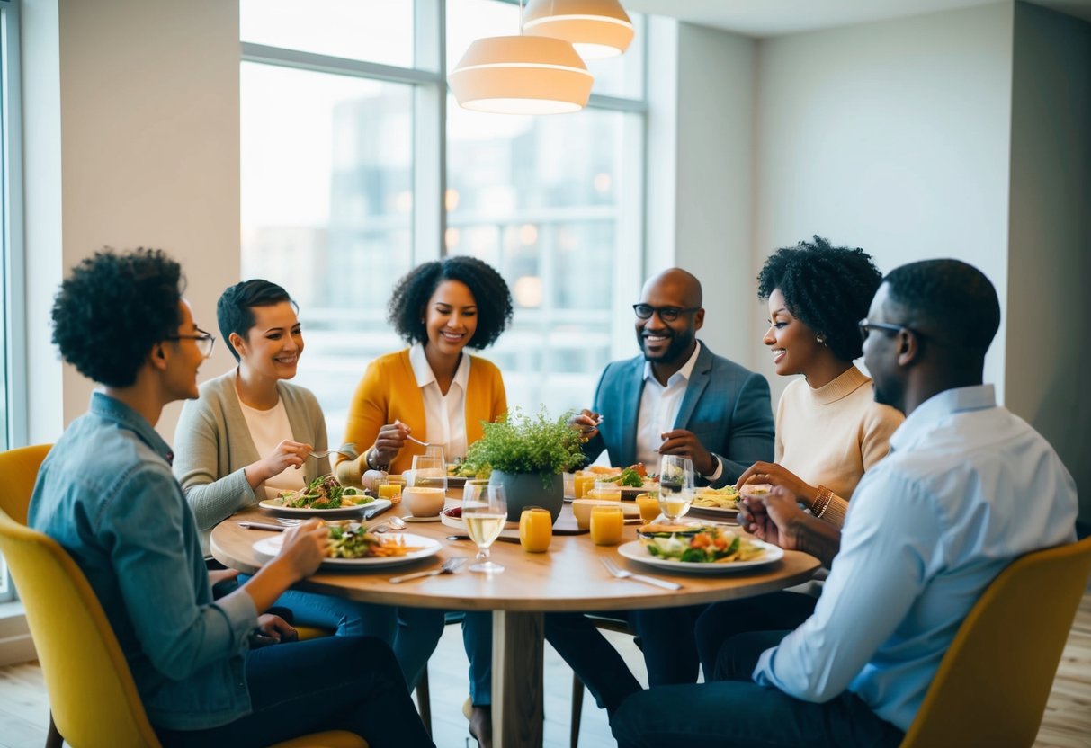 A group of diverse people sitting around a table, sharing a meal and engaging in conversation with a warm and welcoming atmosphere