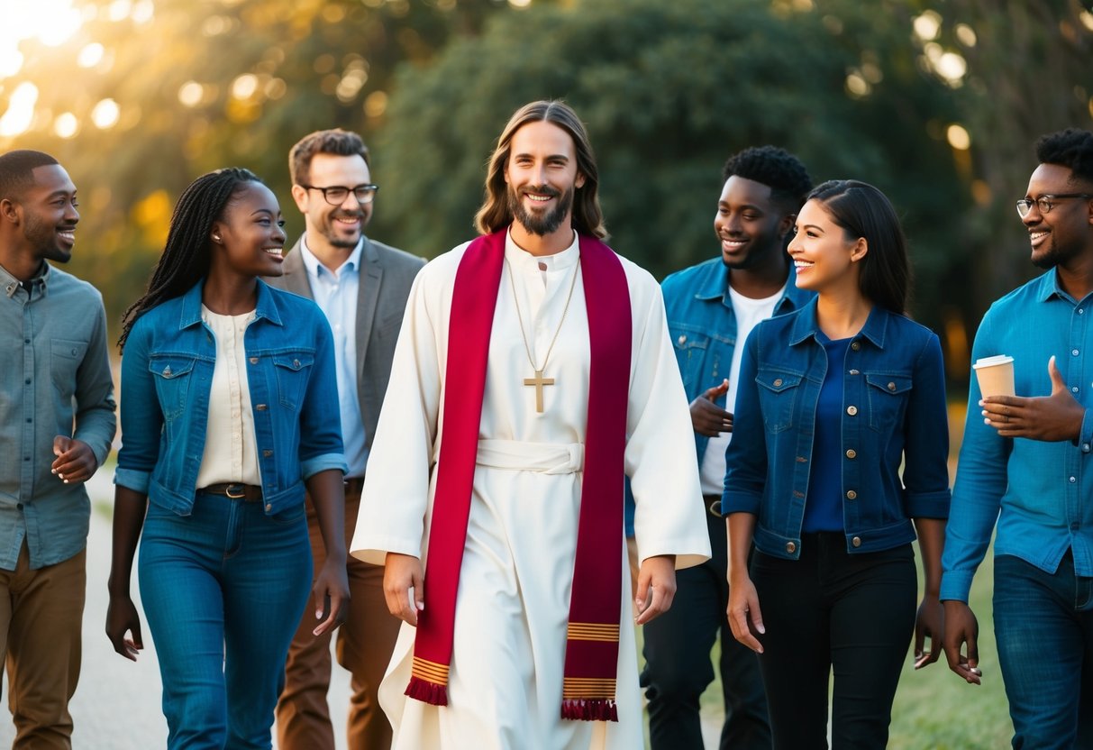 Jesus walking with a group of diverse individuals, smiling and engaging in conversation, radiating warmth and compassion