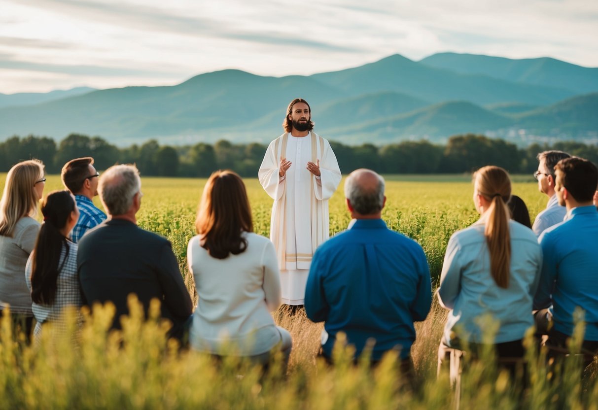 A group of people listening to Jesus speak, with fields and mountains in the background