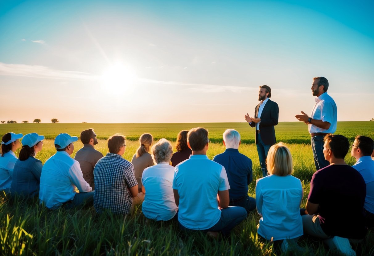 A group of people listening to Jesus speak, with open fields and a bright sky in the background