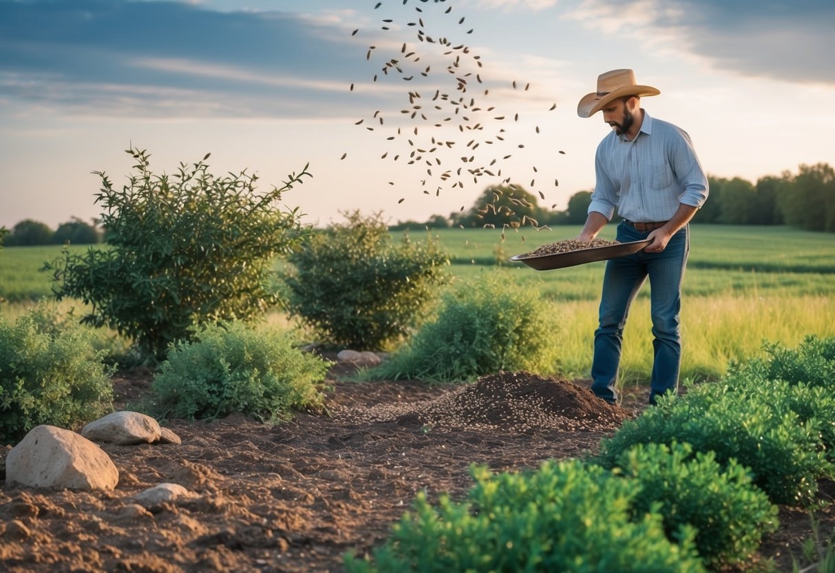 A serene countryside with a sower scattering seeds, rocky ground, thorny bushes, and fertile soil, illustrating the parable of the sower