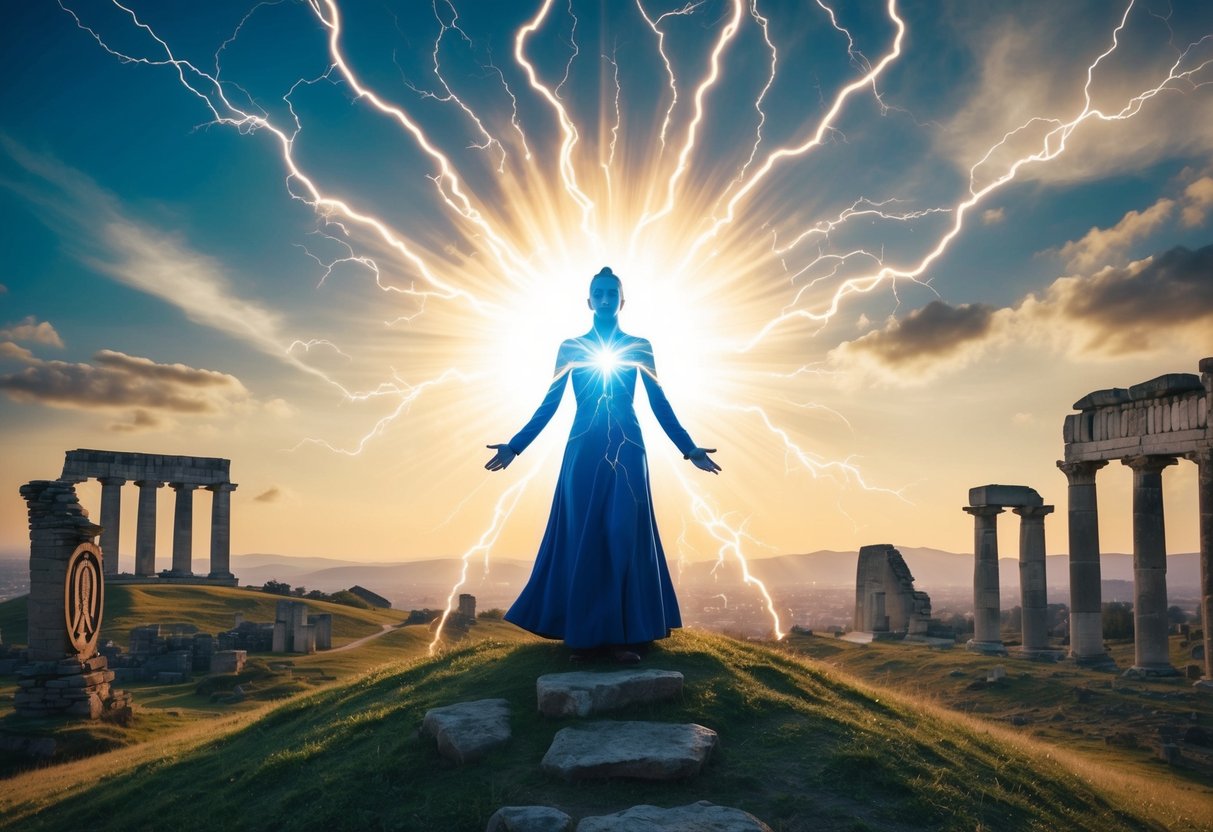 A radiant figure stands on a hill, surrounded by ancient ruins and symbols of prophecy. The sky is filled with light and the air crackles with divine energy