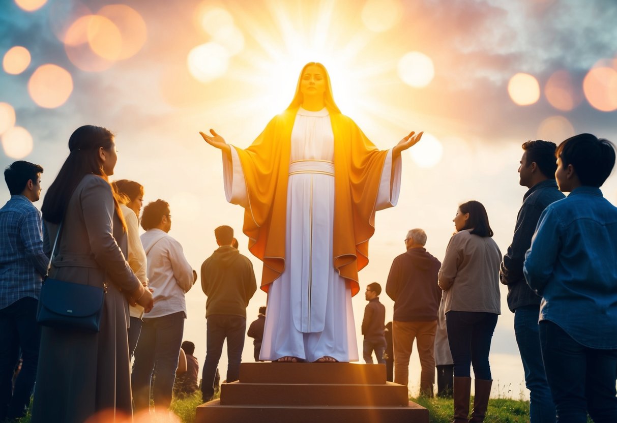 A radiant figure stands among people, emanating a sense of divine presence and comfort