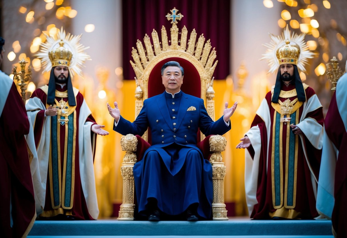 A majestic figure sits on a throne, radiating power and authority. Surrounding him are symbols of royalty and divinity, evoking a sense of reverence and awe