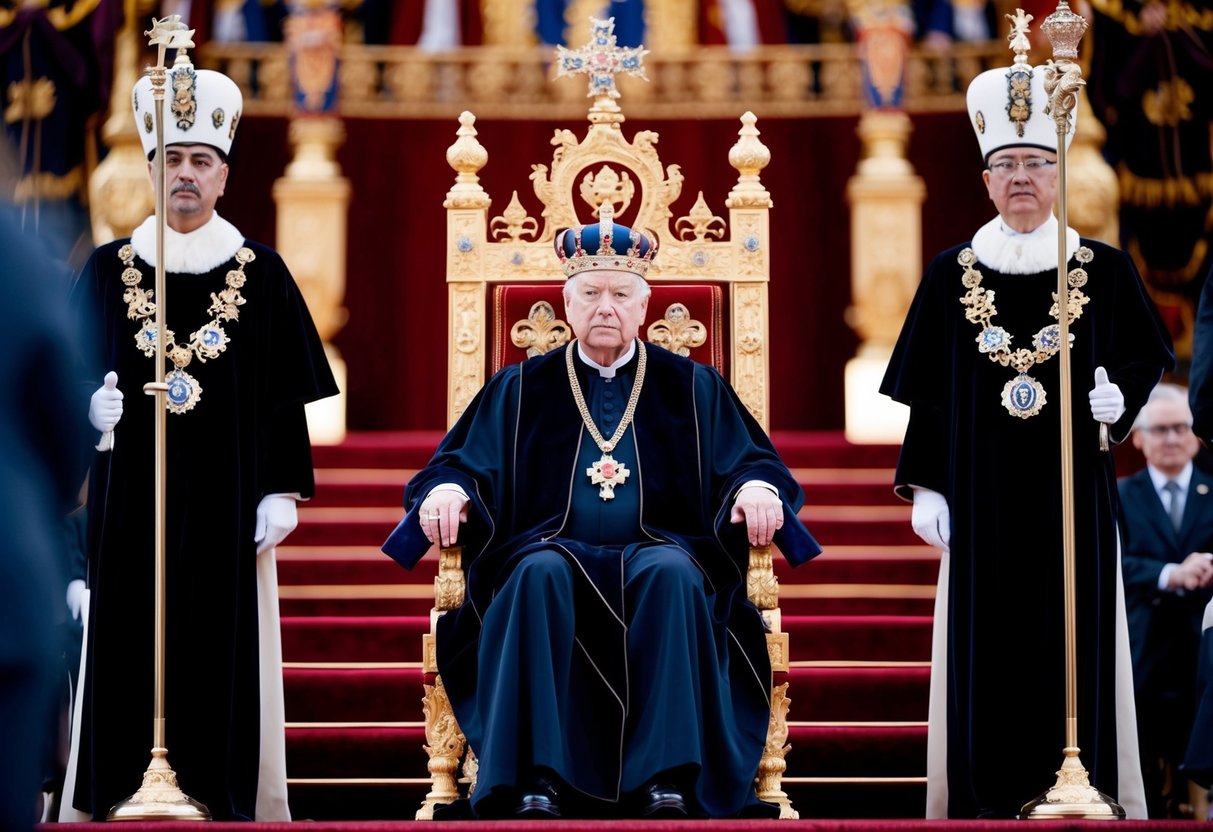 A regal figure sits on a throne, surrounded by ornate decorations and symbols of power and authority. The atmosphere is solemn and reverent, with a sense of grandeur and majesty
