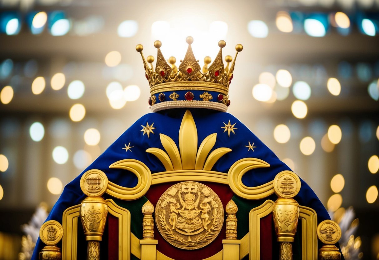A radiant crown atop a majestic throne, surrounded by symbols of power and divinity