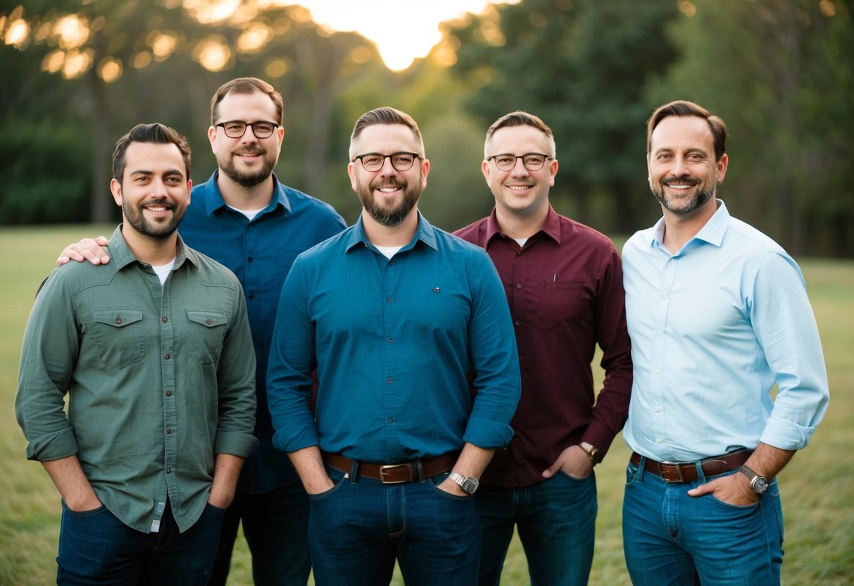 A group of five men standing together, each with a distinct appearance and expression
