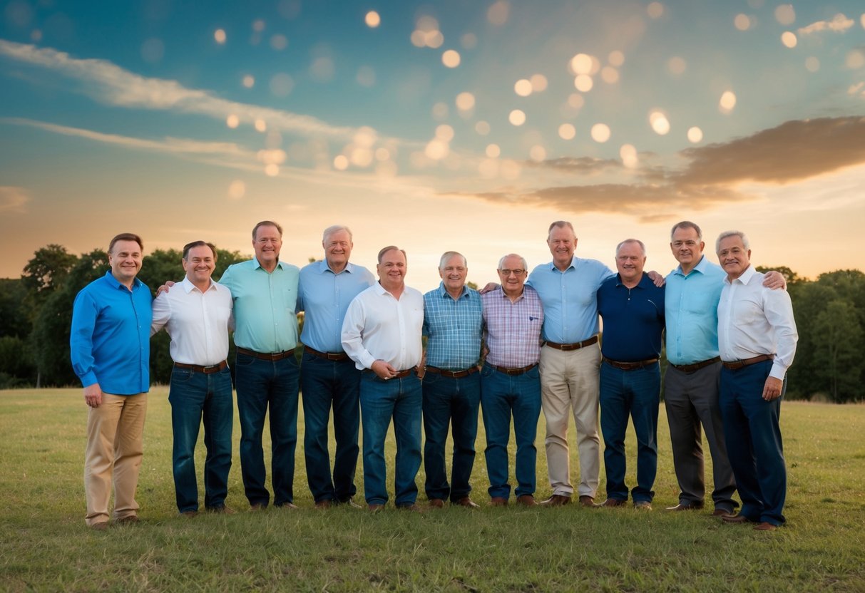 A group of men standing together, with a sense of familial connection and respect
