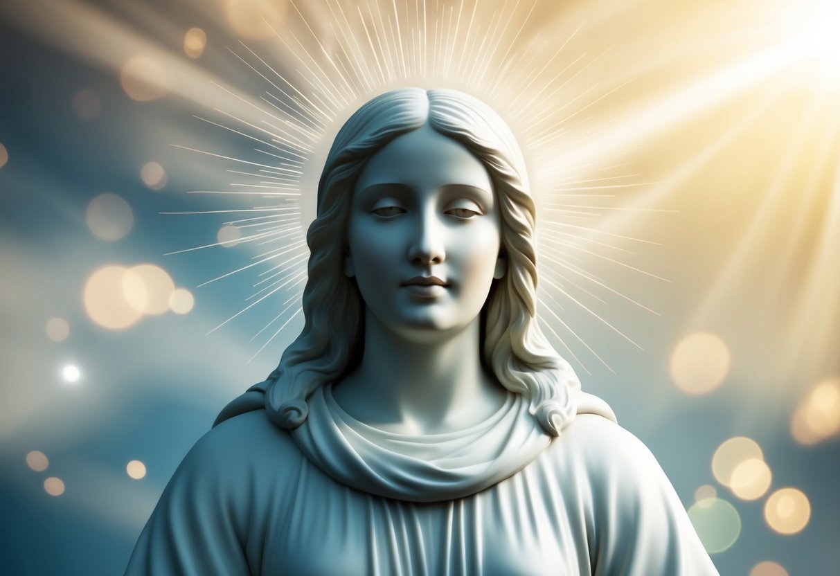 A serene, heavenly figure surrounded by rays of light, with a sense of eternal purity and grace