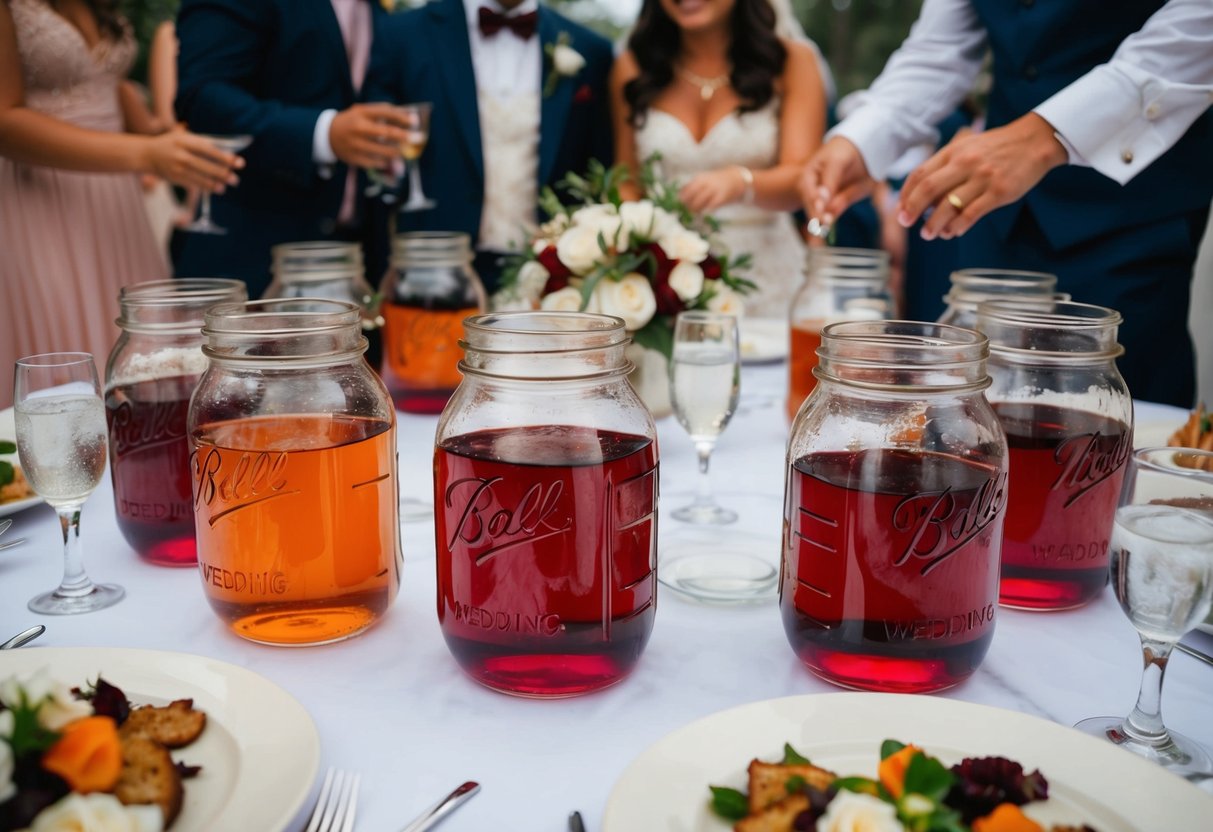 A group of jars filled with water, surrounded by people at a wedding feast. The liquid inside the jars begins to change color from clear to a deep red