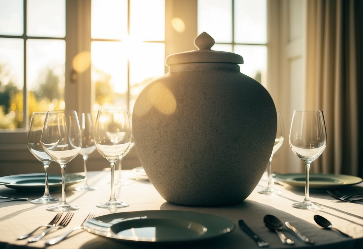 A large stone water jar sits on a table, surrounded by empty wine glasses. Sunlight streams through a window, casting a warm glow on the scene