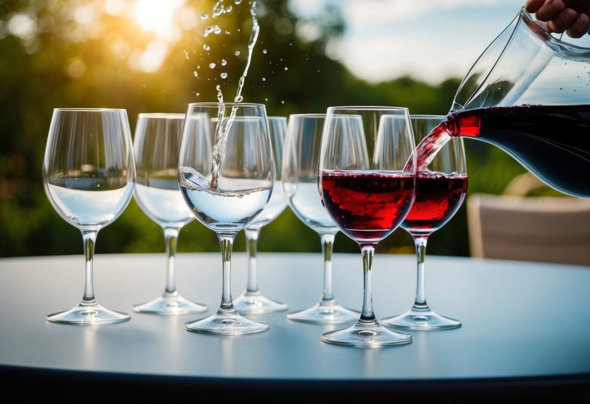 A group of wine glasses sit on a table, while a stream of water flows from a pitcher, magically transforming into red wine