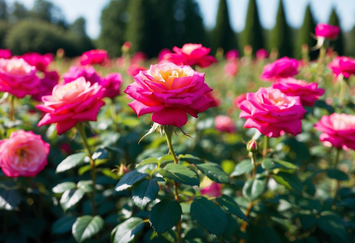 A field of vibrant, blooming roses with a single, radiant bloom standing out among the rest