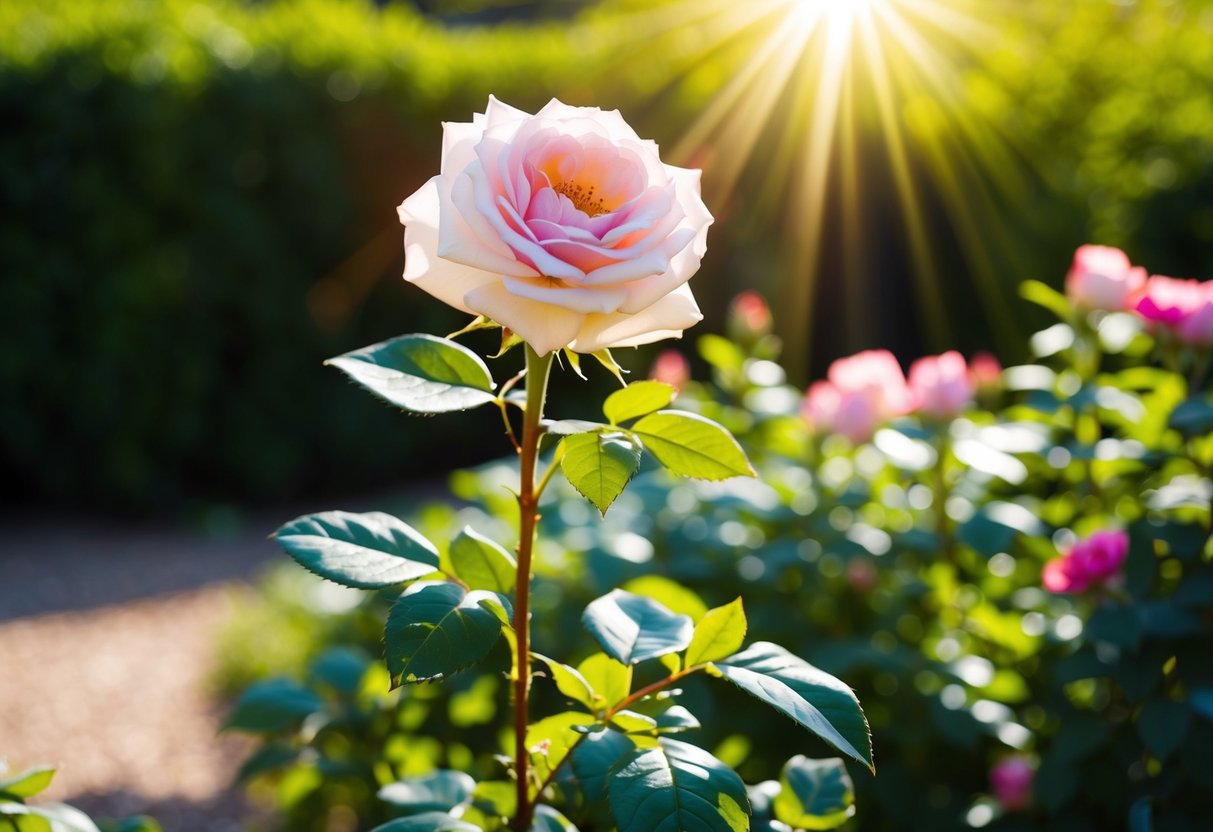 A blooming rose bush stands in a lush garden, with sunlight streaming down on it, symbolizing the beauty and purity of Jesus as the Rose of Sharon in Christian theology
