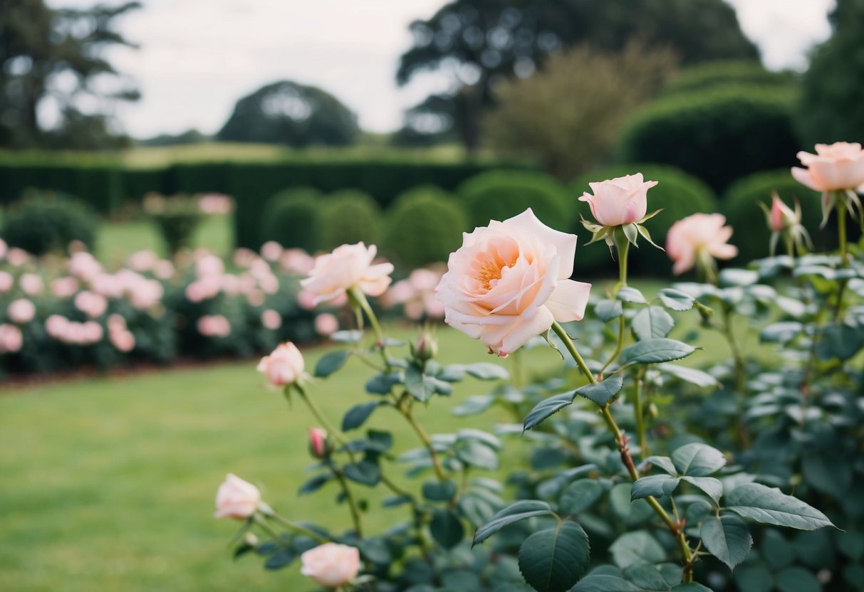 A serene landscape with a blooming rose garden, symbolizing the biblical reference to Jesus as the "Rose of Sharon."