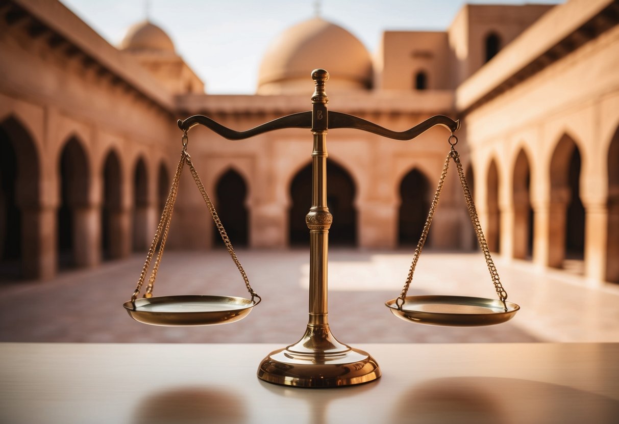 A scale with a balance beam, set against a background of ancient Middle Eastern architecture