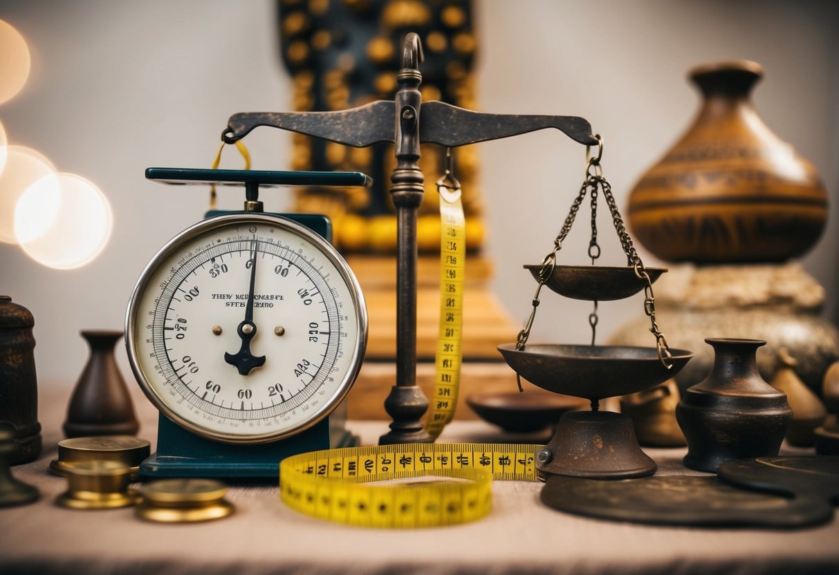 A scale with ancient weights and a measuring tape, surrounded by historical and cultural artifacts