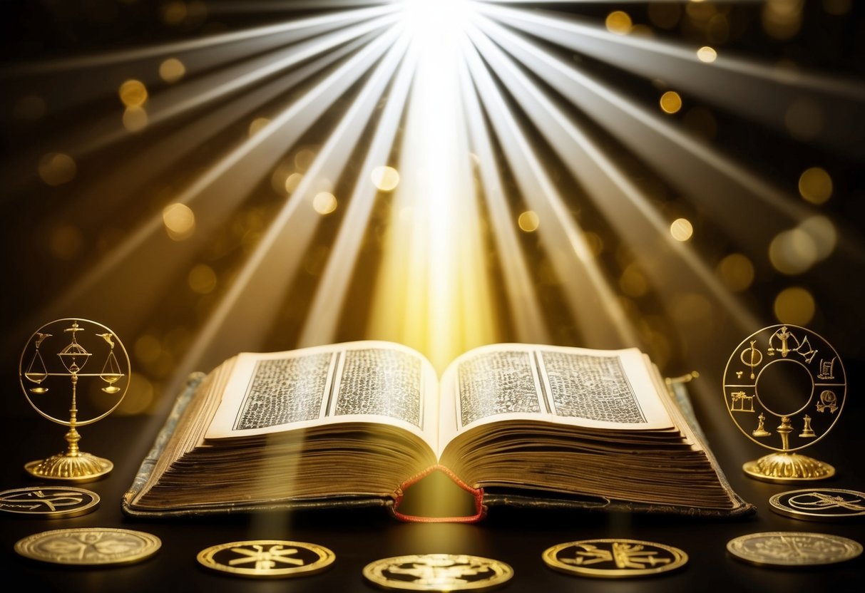 A radiant beam of light shining down on an ancient book, surrounded by symbols of knowledge and enlightenment