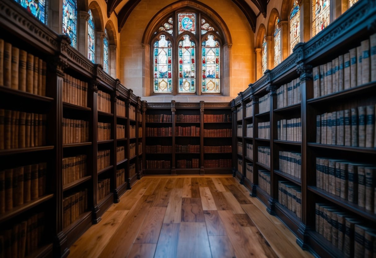 A serene and ancient library filled with scrolls and tomes, bathed in warm light filtering through stained glass windows