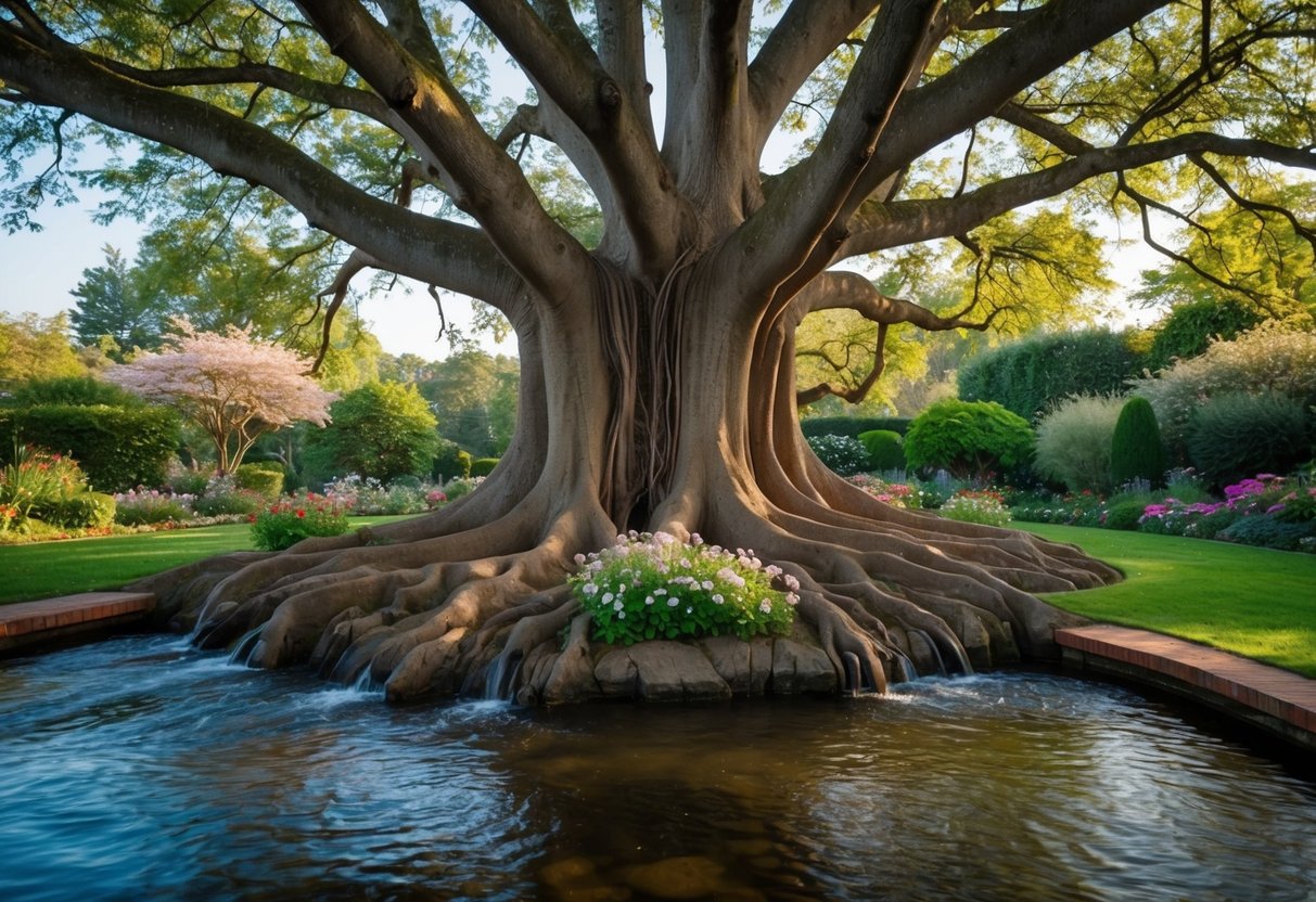 A serene, ancient tree with deep roots and spreading branches, surrounded by a peaceful garden filled with blooming flowers and flowing water