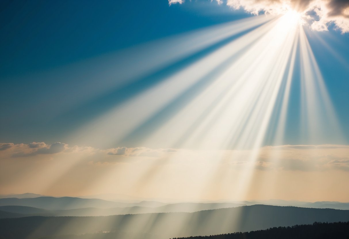 A radiant beam of light emanates from the heavens, illuminating a serene landscape below
