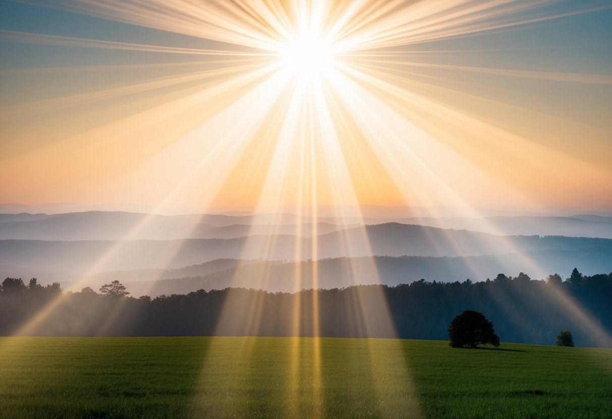 A radiant beam of light emanates from above, illuminating a serene landscape with a sense of divine presence