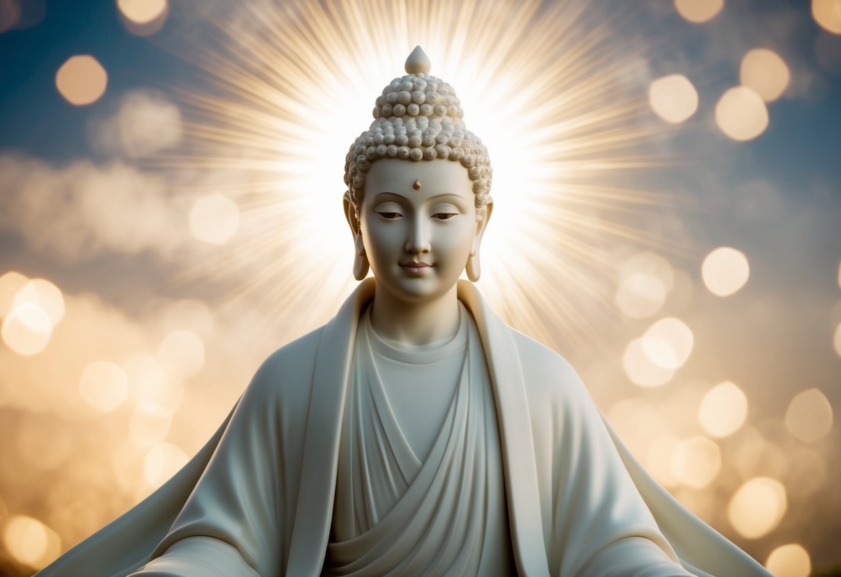A divine figure with a gentle expression and flowing robes, surrounded by a radiant aura